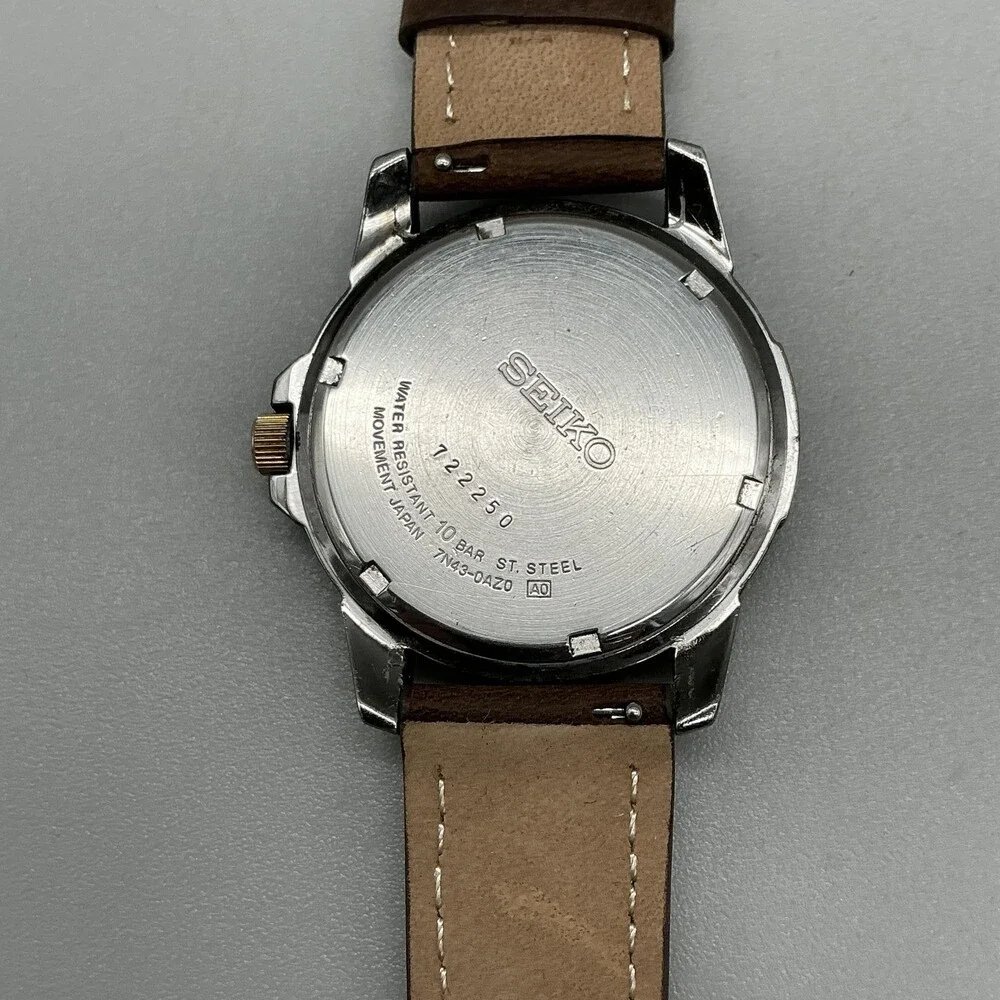 Seiko Mens Watch 40mm Chipped Crystal Leather Day Date 7N43-0A20 New Battery